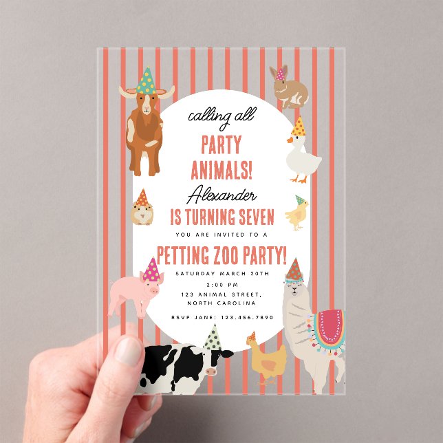 Petting Zoo Party Animals Barnyard Birthday Theme Acrylic Invitations (Insitu (Handheld))