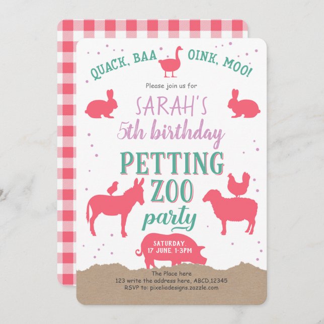 Petting Zoo Party, Pink, Farm Animals, Girl Invitation (Front/Back)