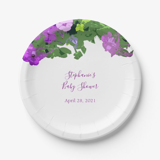 Petunia Floral Eggplant Purple Baby Shower Custom Paper Plate (Front)
