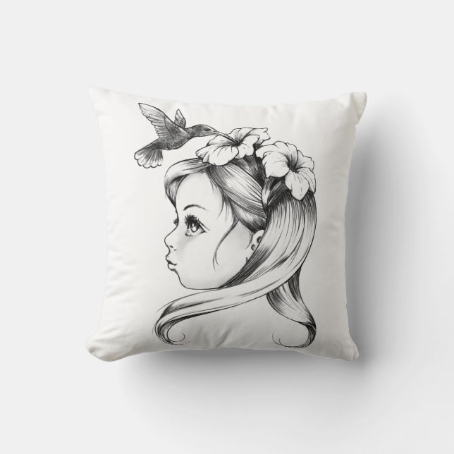 Petunia in a fairy girl's hair, hummingbirds drink cushion (Front)