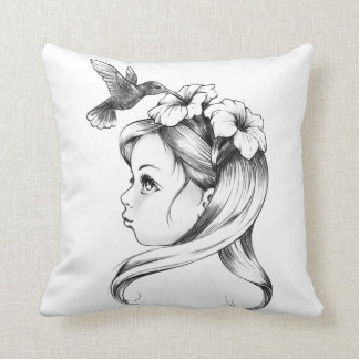 Petunia in a fairy girl's hair, hummingbirds drink cushion