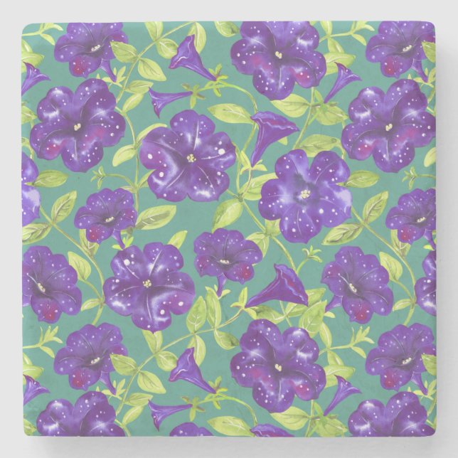 Petunia Night Sky on teal background Throw Pillow Stone Coaster (Front)