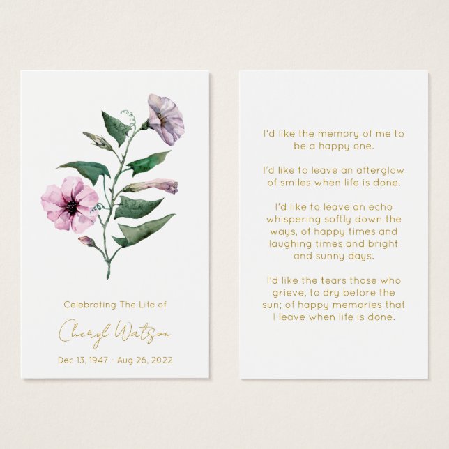 Petunia | Simple Funeral Memorial Prayer Card (Front & Back)