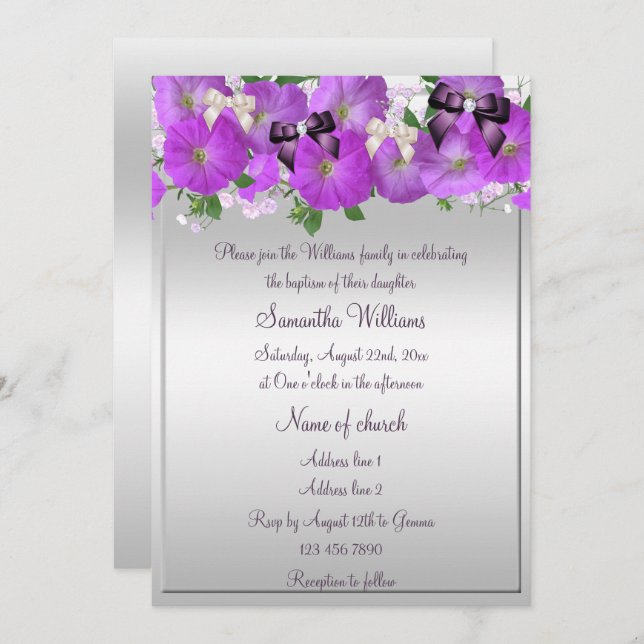 Petunias & Bows Girls Baptism Invitation (Front/Back)