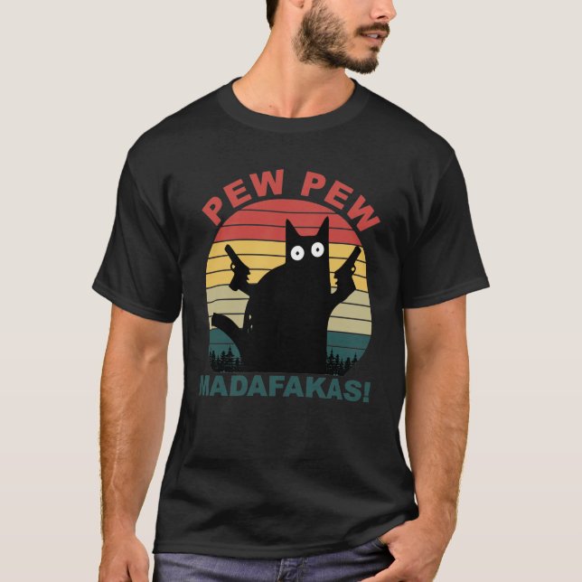 Pew Pew Madafakas Funny Black Cat mens T-Shirt  (Front)