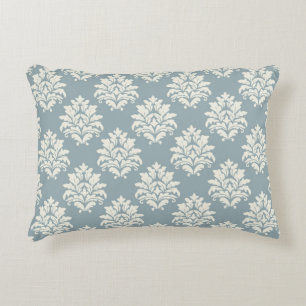 Pewter Blue and Alabaster Damask Accent Pillow
