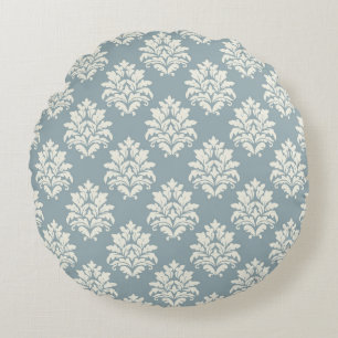 Pewter Blue and Alabaster Damask RoundThrow Pillow