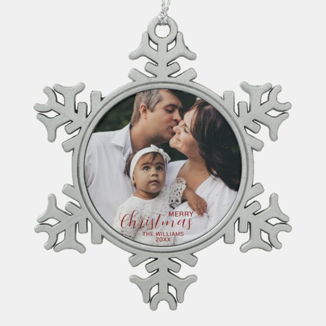 Pewter Christmas Photo Snowflake Framed Ornament (Front)