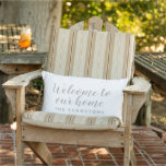Pewter Grey Script Welcome to Our Home Lumbar Cushion<br><div class="desc">Soft pewter grey script reading Welcome to Our Home paired with your personalised family name creates a quiet, elegant look on a clean white background. This understated outdoor lumbar pillow blends effortlessly with any porch or patio decor style, from farmhouse to modern. All text is fully editable to feature your...</div>