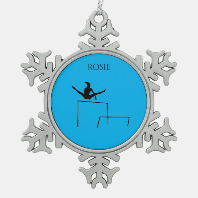 PEWTER GYMNASTICS SNOWFLAKE ORNAMENT. SNOWFLAKE PEWTER CHRISTMAS ORNAMENT (Front)