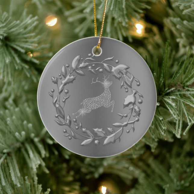 Pewter Reindeer and Wreath Christmas Ceramic Tree Decoration (Tree)