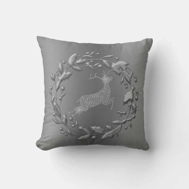 Pewter Reindeer and Wreath Christmas Cushion (Front)
