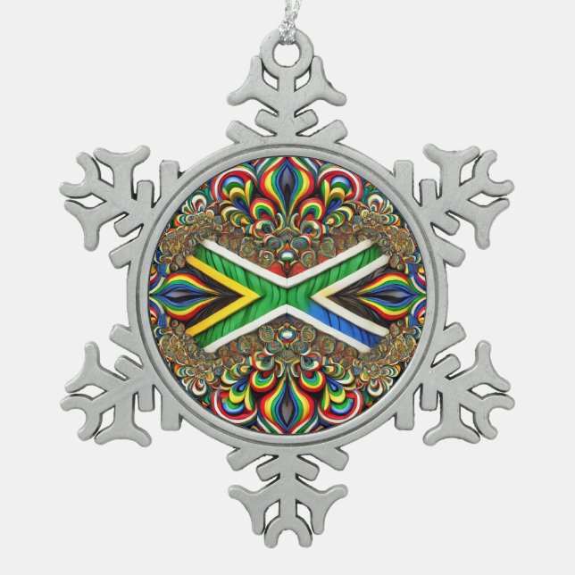 Pewter Snowflake Ornament with Brazilian Colours (Front)