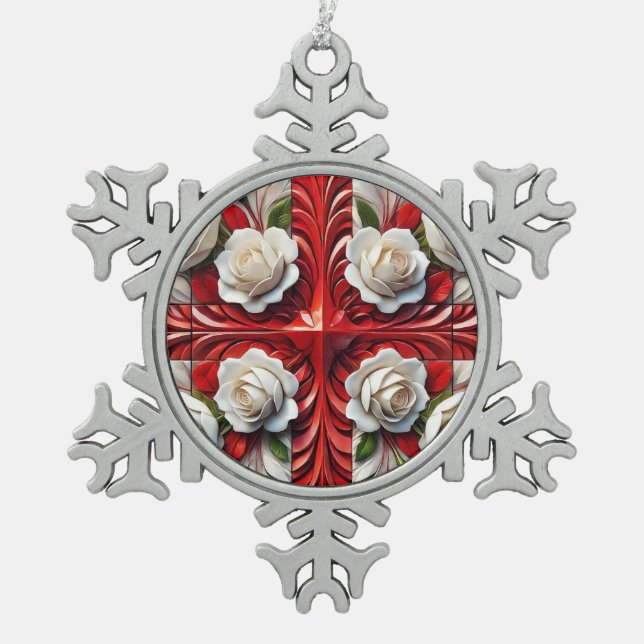 Pewter Snowflake Ornament with English Roses (Front)
