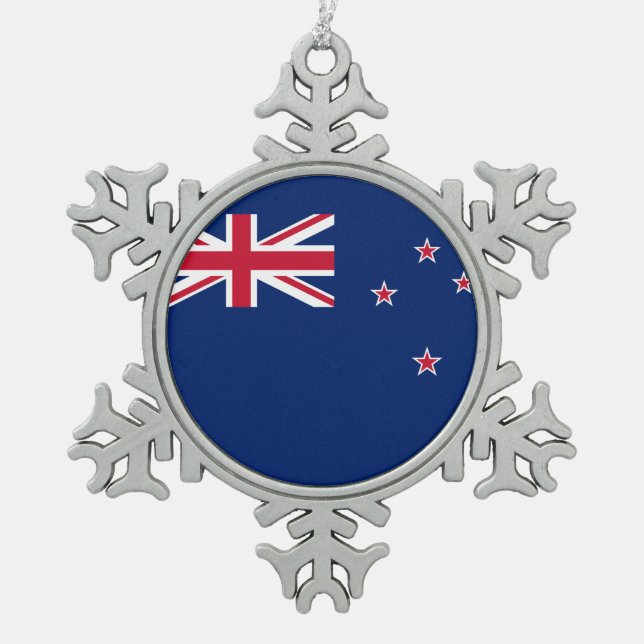 Pewter Snowflake Ornament with New Zealand Flag (Front)