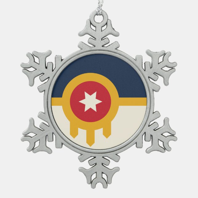 Pewter Snowflake Ornament with Tulsa City Flag (Front)