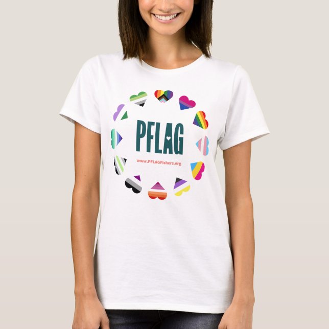 PFLAG Fishers Pride - teal logo - coral URL T-Shirt (Front)