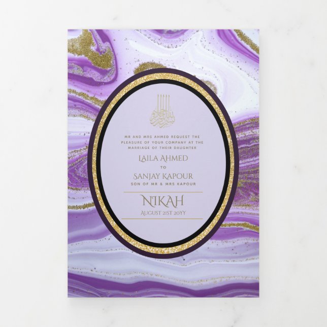 Pg NIKAH WALIMA Purple Gold Marble Agate Glitter T Tri-Fold Invitation (Cover)