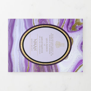 Pg NIKAH WALIMA Purple Gold Marble Agate Glitter Tri-Fold Invitation
