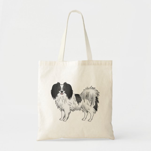 Phalène With Black Details Cute Happy Fluffy Dog Tote Bag (Front)