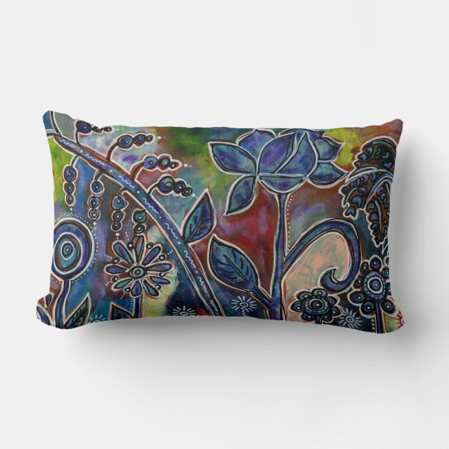 Phantasmagoric Lotus Flower Garden Original Art Lumbar Cushion (Front)