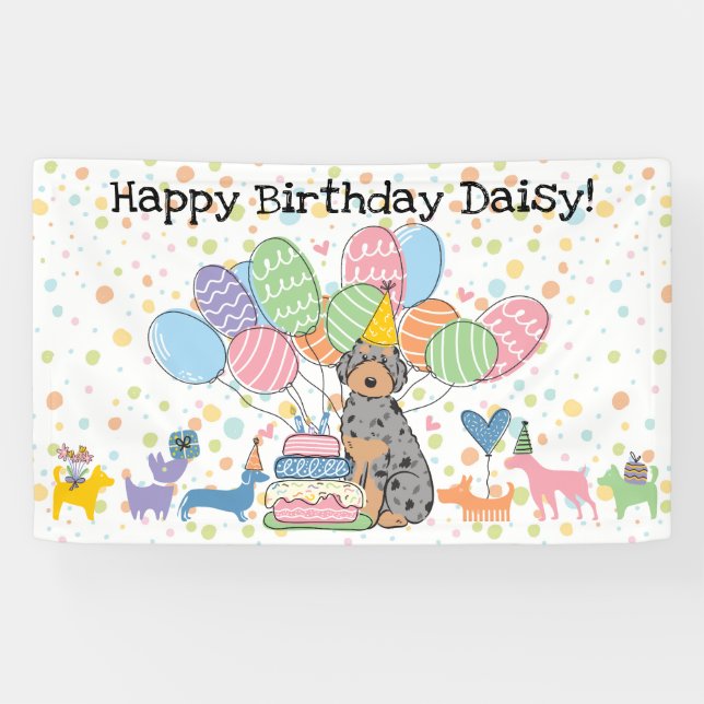 Phantom Blue Merle Aussiedoodle Dog Birthday Party Banner (Horizontal)