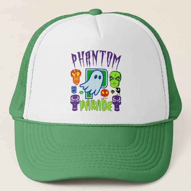 Phantom parade spooky ghost skull design trucker hat (Front)