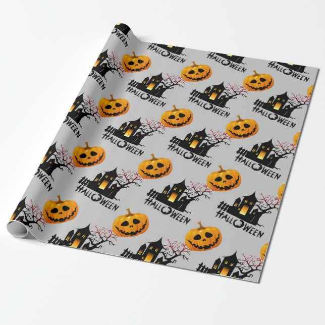 Phantom Pumpkins and Haunted House Halloween Gift Wrapping Paper (Unrolled)