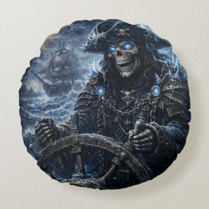 Phantom Skull Captain at the Helm – Blue Storm Got Round Cushion