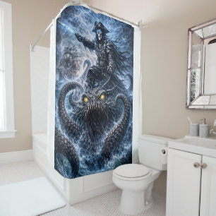 Phantom Skull Captain Riding the Sea Beast – Blue Shower Curtain