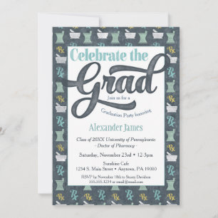 Pharmacist Graduation Party Invitation Grey Aqua