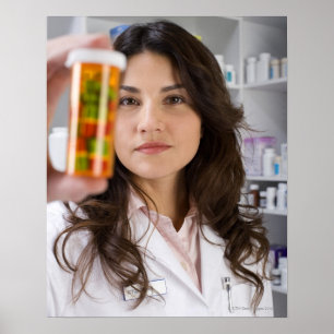 Pharmacist holding a pill bottle poster