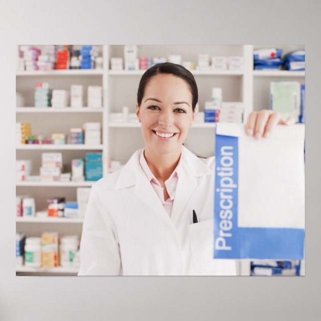 Pharmacist holding prescription in drug store poster (Front)