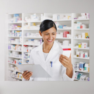 Pharmacist in drug store holding clipboard poster