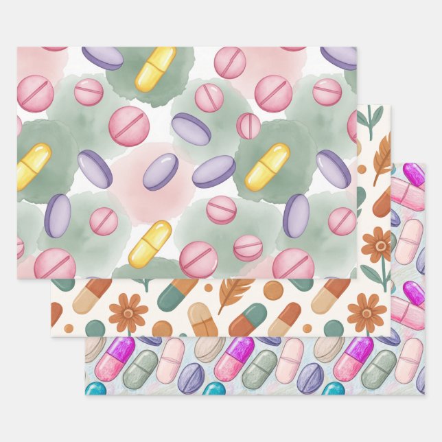 Pharmacist Pink Pill Boho Feather Wrapping Paper (Set)