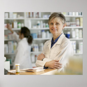 Pharmacists at counter of retail pharmacy poster