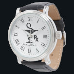 Pharmacology Custom Name Bowl of Hygenia Symbol Watch<br><div class="desc">A custom name pharmacist watch featuring the bowl of Hygenia and RX symbol.
The watch also features a optional Roman numeral typeface.</div>