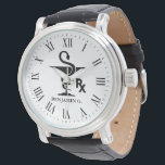 Pharmacology Custom Name Bowl of Hygenia Symbol Watch<br><div class="desc">A custom name pharmacist watch featuring the bowl of Hygenia and RX symbol.
The watch also features a optional Roman numeral typeface.</div>