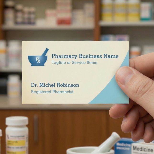 Pharmacy Mortar Pestle Logo Chemist - Cream Blue Business Card (Creator Uploaded)