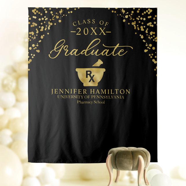 Pharmacy School Black Gold Graduation Backdrop Tapestry (Creator Uploaded)