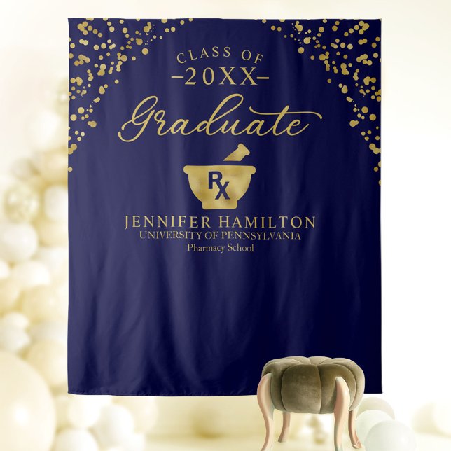 Pharmacy School Blue Gold Graduation Backdrop Tapestry (Creator Uploaded)