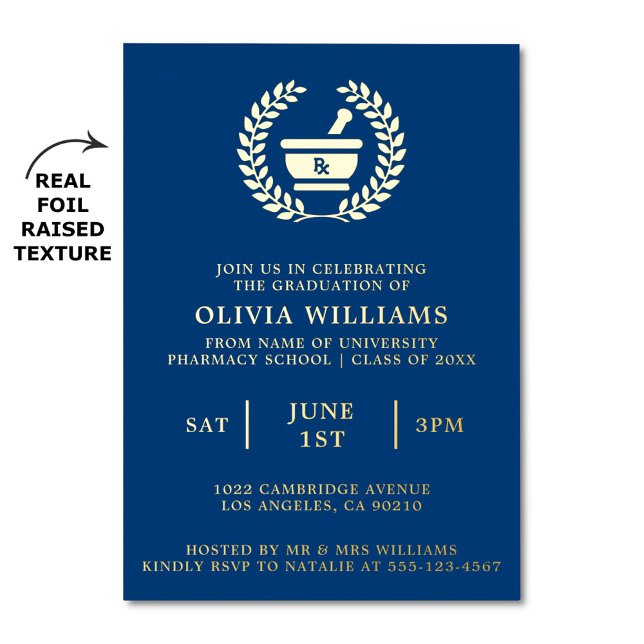 Pharmacy School Navy And Gold Graduation Party  (Pharmacy school graduation party invitation with real foil raised texture)