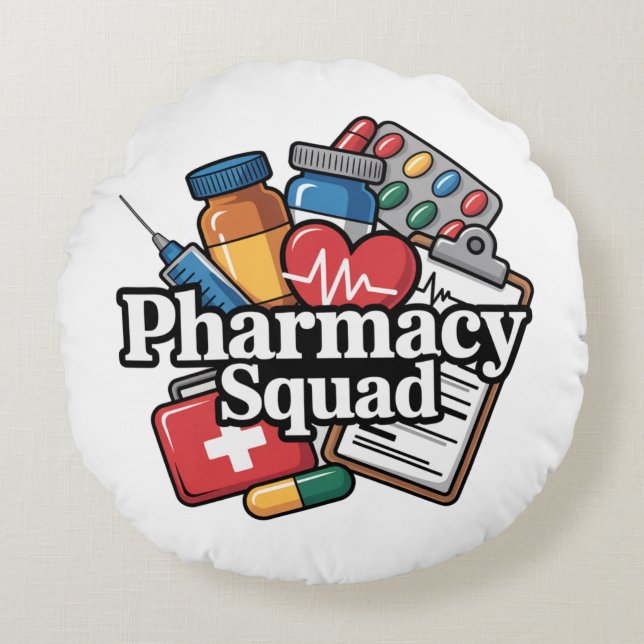 'Pharmacy Squad'. Round Cushion (Front)
