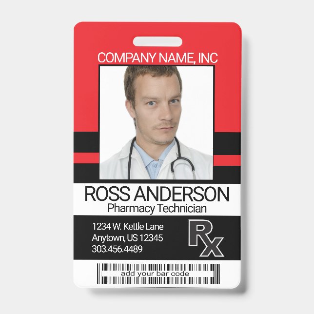 Pharmacy Technician Photo Badge - Red and Black ID Badge (Front)
