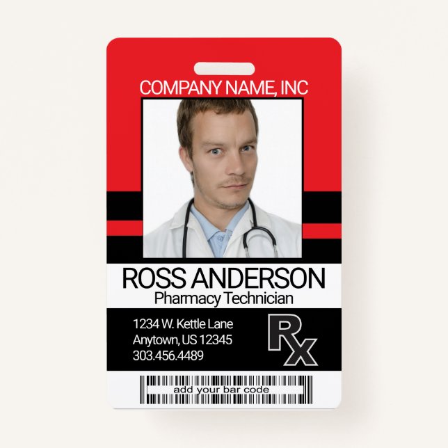 Pharmacy Technician Photo Badge - Red and Black ID Badge (Front)