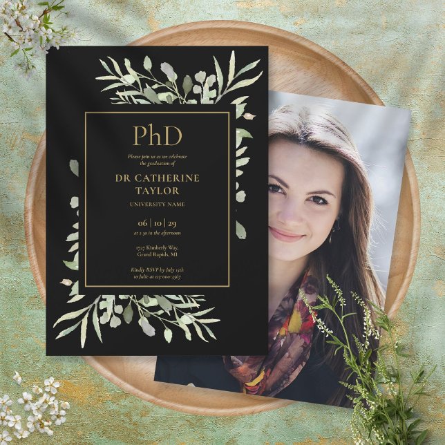 Phd Degree Black And Gold Foliage Photo Graduation Invitation (Creator Uploaded)