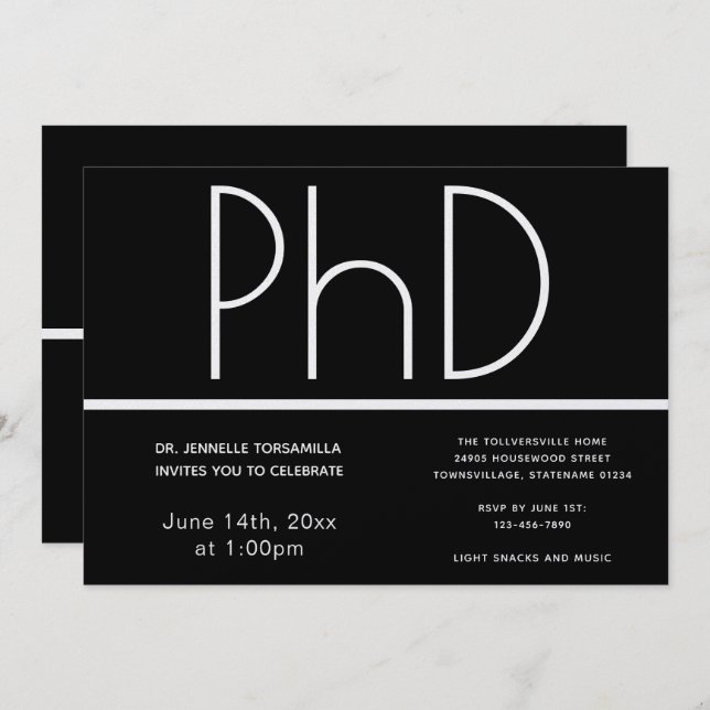 PhD degree Black Graduation Party Invitation (Front/Back)