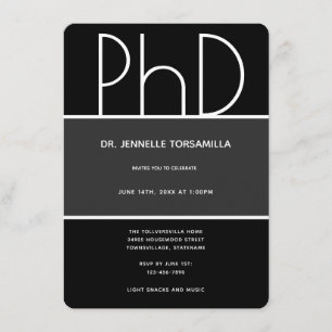PhD degree Black Grey White Vertical Graduation Invitation
