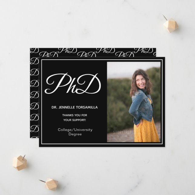 PhD degree Black White Photo Script Announcement (Front/Back In Situ)