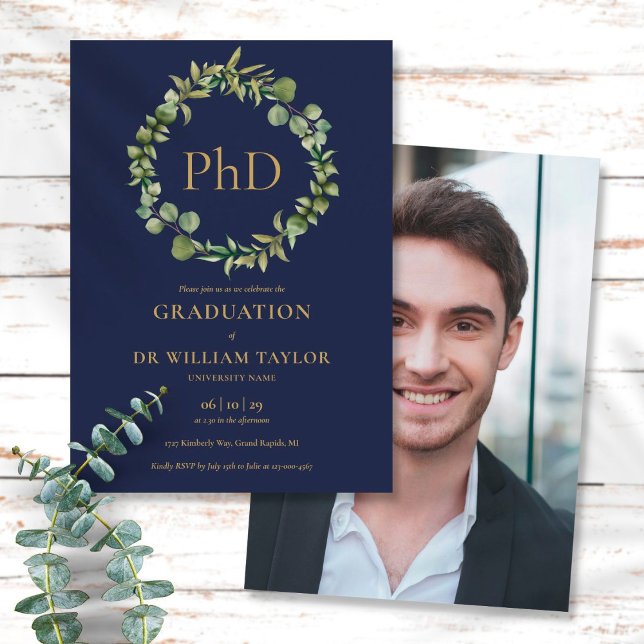 PhD Degree Blue Garland Photo Graduation Party Invitation (Creator Uploaded)